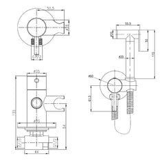brushed brass hot and cold douche kit technical drawing