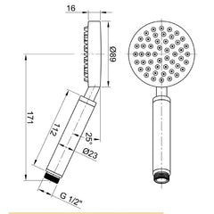 Inox Brushed Stainless Steel Round Shower Handle - Technical drawing