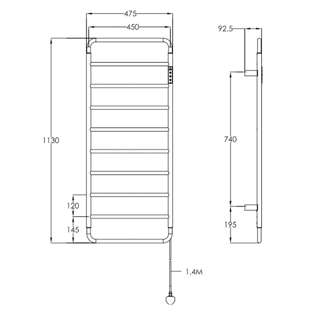 Electric black towel radiator - Technical drawing