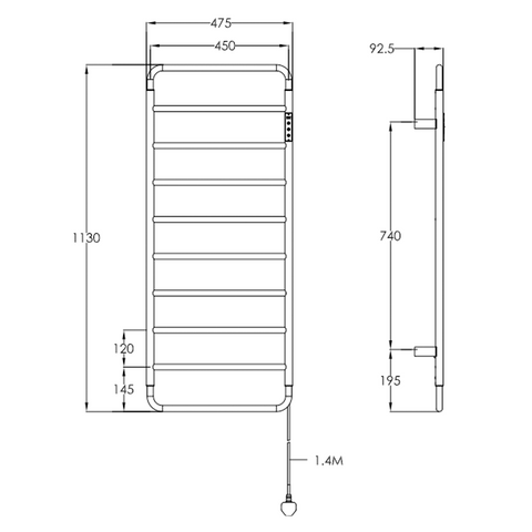 Electric black towel radiator - Technical drawing
