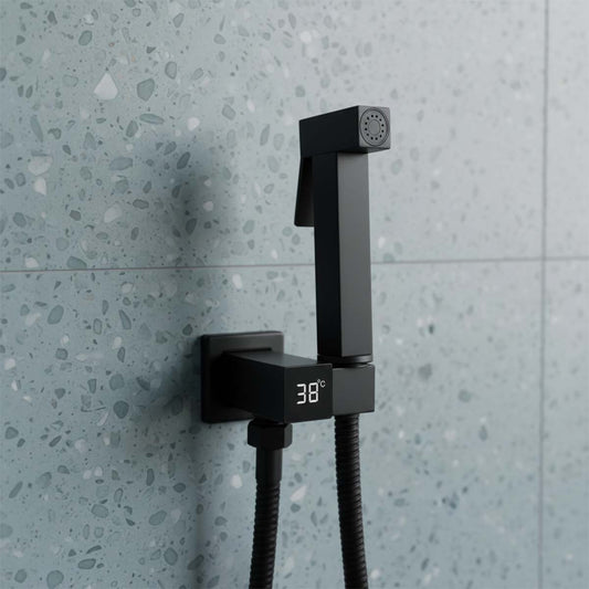 black shower head with hose and digital temperature display 