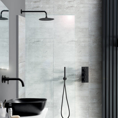 Matt Black Round Shower Head 250mm and Arm 400mm, Thermostatic Concealed 2 Outlet Shower Valve and Slim Handset with Hose