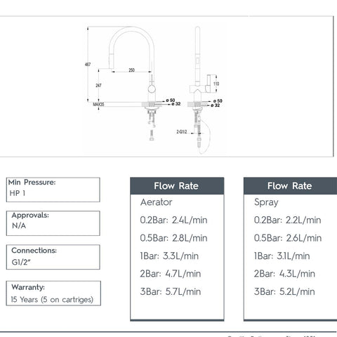 brass sink mixer tap with pull out - technical drawing