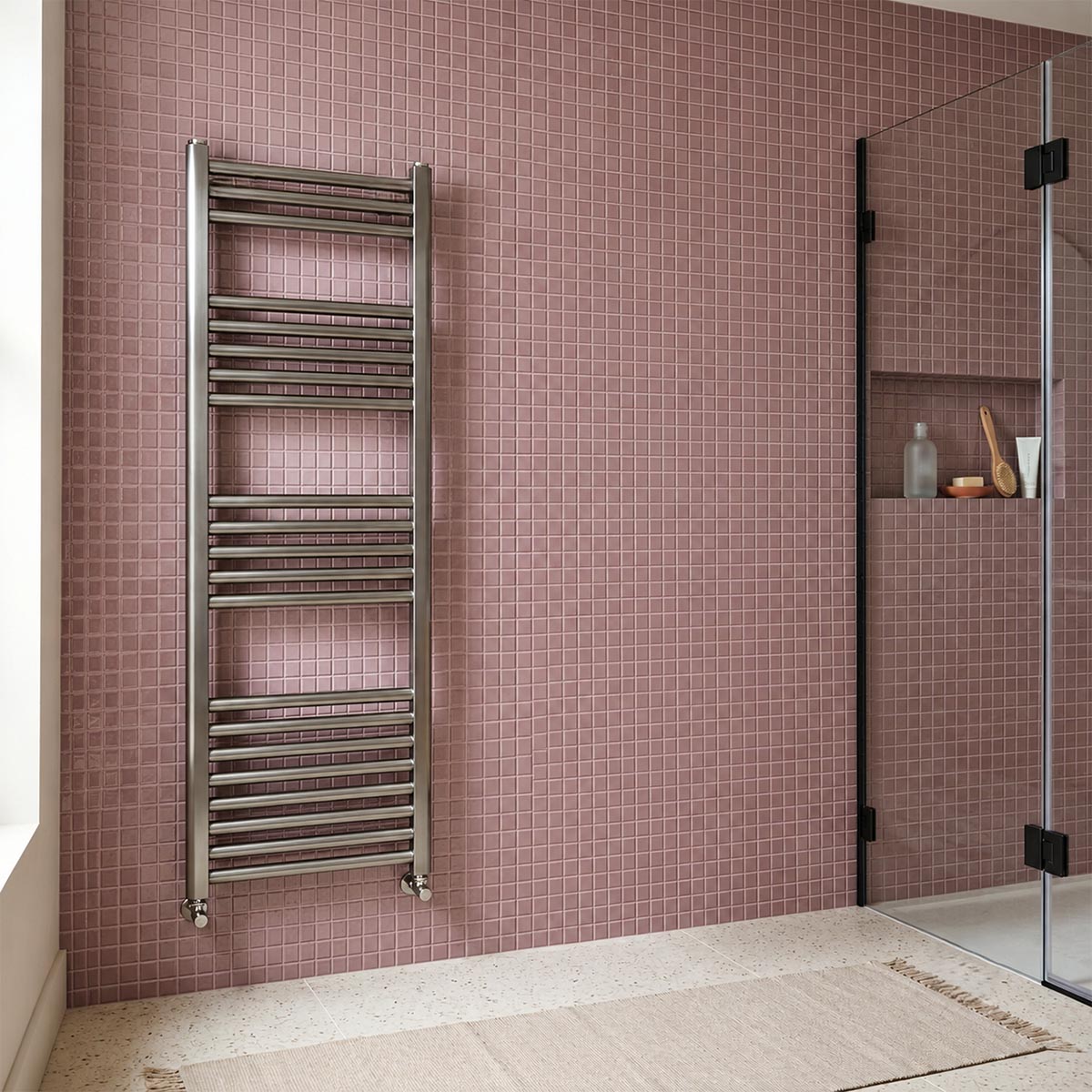 brushed black dual fuel towel rail with angled valves