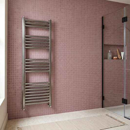 brushed black dual fuel towel rail with angled valves 1200