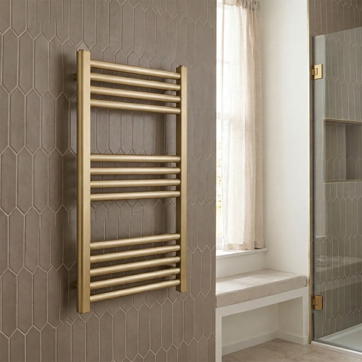 brushed brass dual fuel towel rail 800mm