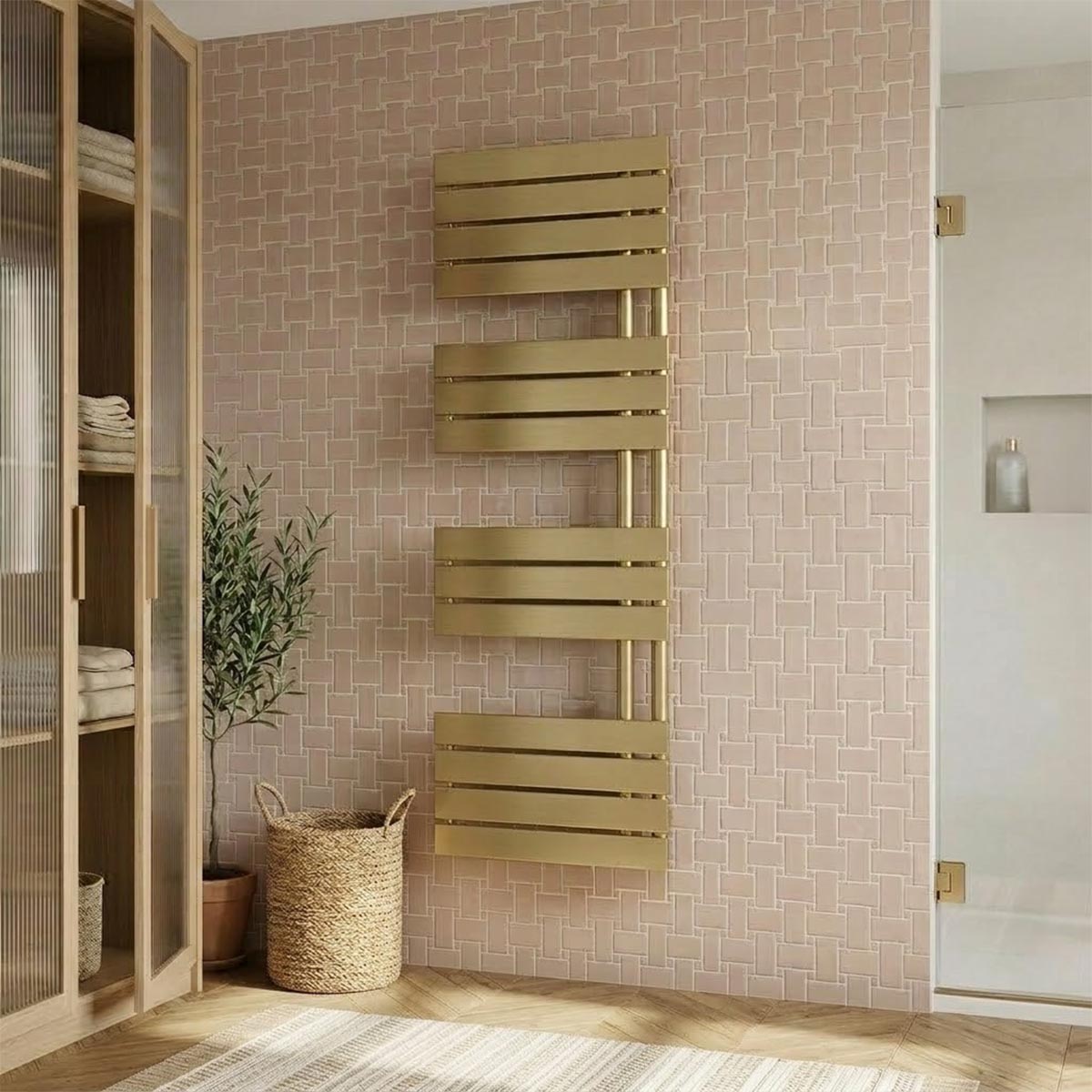 brushed brass dual fuel towel rail with flat rails