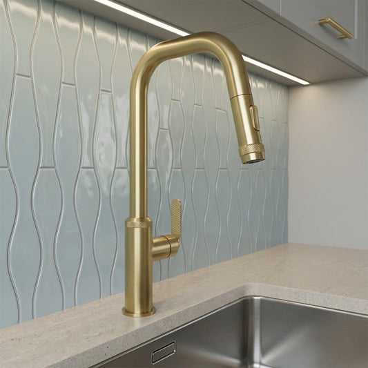 brushed brass kitchen tap with pull out in Ireland 1200