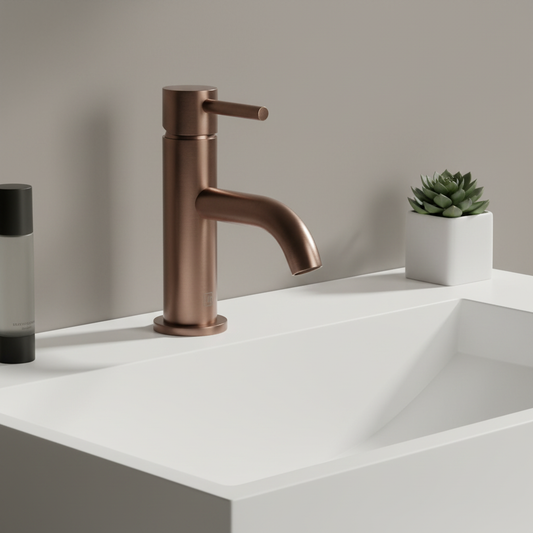brushed bronze small basin mixer tap deck mounted