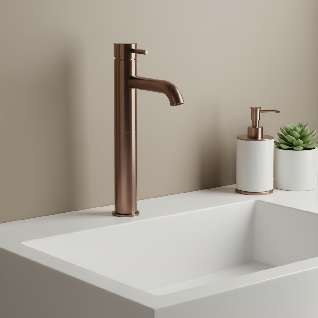 brushed bronze tall basin mixer tap deck mounted
