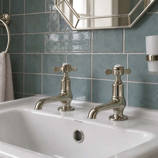 brushed nickel long spout pillar taps - deck mounted  1200