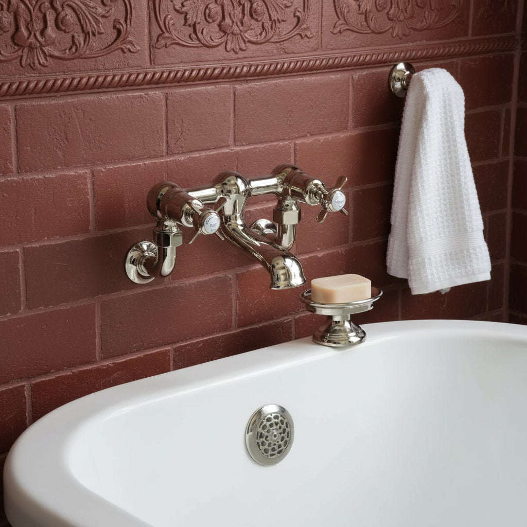 brushed nickel wall mounted bath tap with pinch style handles 