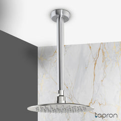 Brushed stainless steel ceiling mounted shower arm and shower head