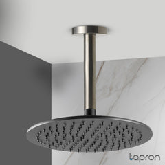 Ceiling mounted shower arm and shower head brushed black