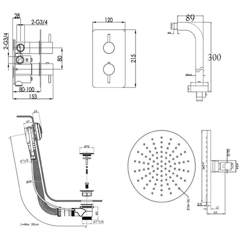 Chrome Thermostatic Concealed Shower Technical Drawing