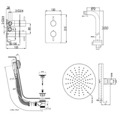 Chrome Thermostatic Concealed Shower - Technical Drawing