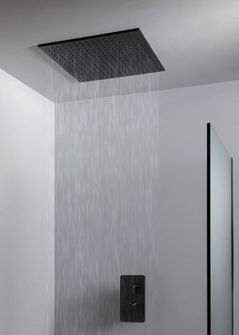Robinet de douche noir dissimulé à 2 sorties avec coude de sortie carré, combiné de douche et pomme de douche montée au plafond