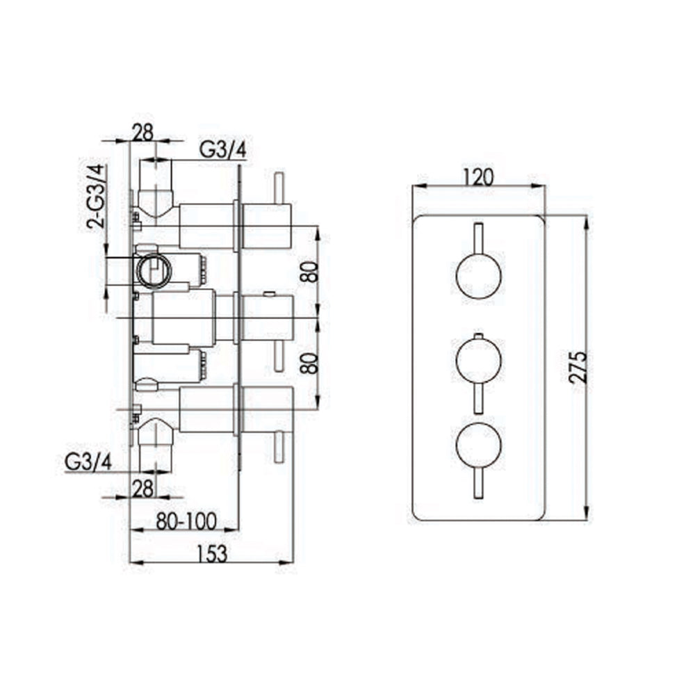 brushed brass finish shower value technical drawing-tapron