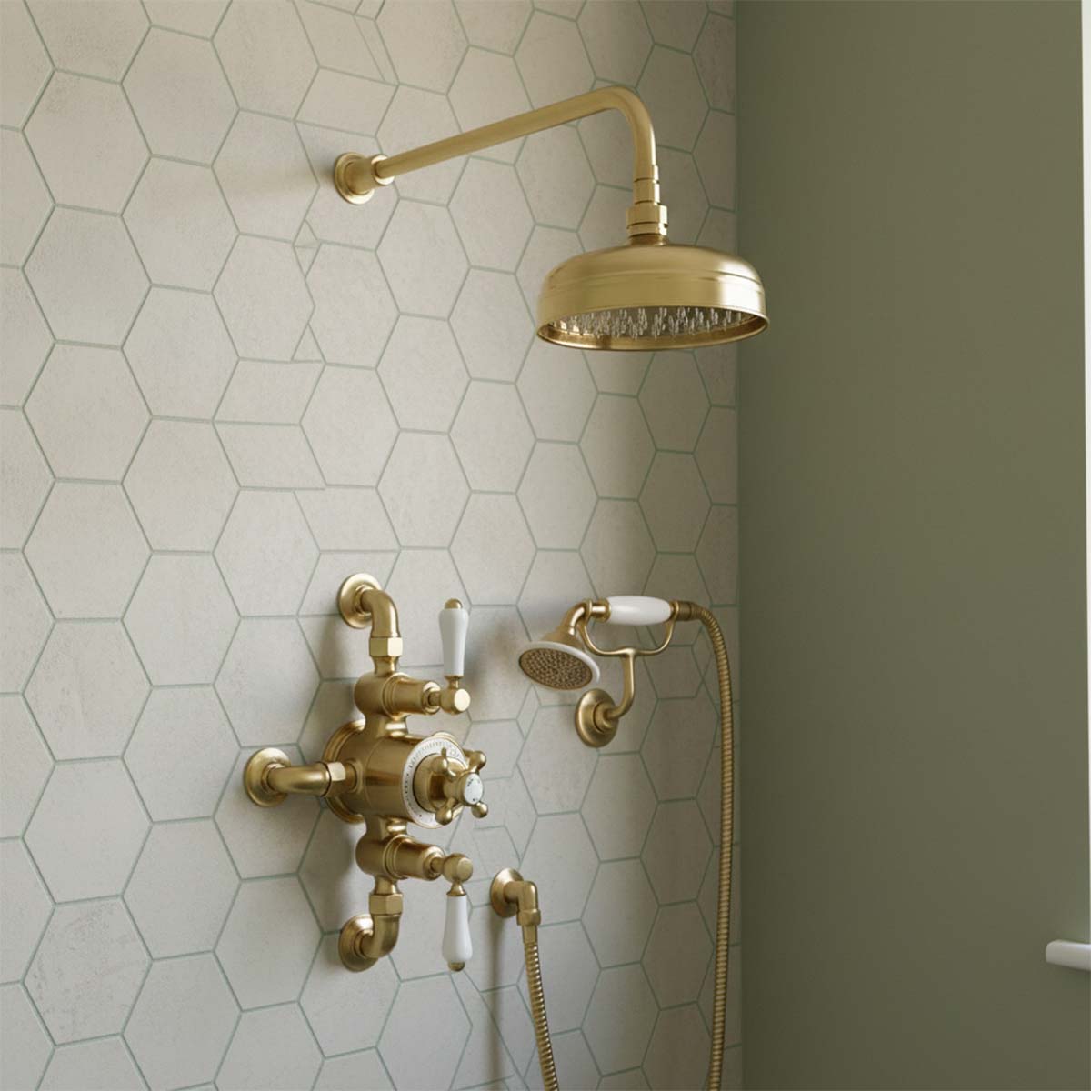 exposed Victorian thermostatic dual control valve brushed brass - Ireland 