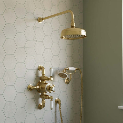 exposed Victorian thermostatic dual control valve brushed brass - Ireland 