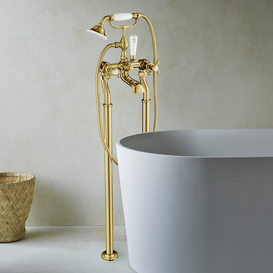 Floor-Standing Crosshead Bath Filler and Handheld Shower Set- Gold