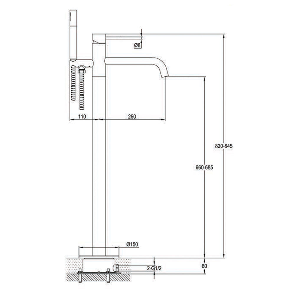 brushed brass Freestanding Bath shower mixer Tap technical drawing-tapron