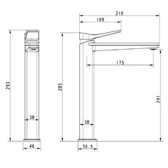 High rise sink tap technical drawing-tapron