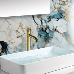 Gold tall basin mixer tap with designer handle