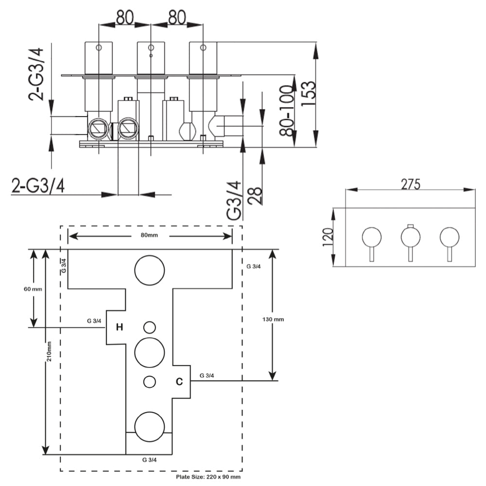 Brushed Gold 3 Outlet Thermostatic Concealed Shower Valve Technical Drawing