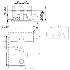 Gold 3 Outlet Thermostatic Concealed Shower Valve -Technical Drawing