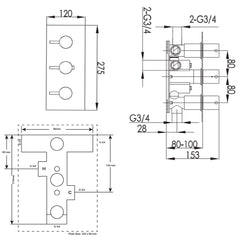 3 outlet thermostatic shower valve - Technical drawing