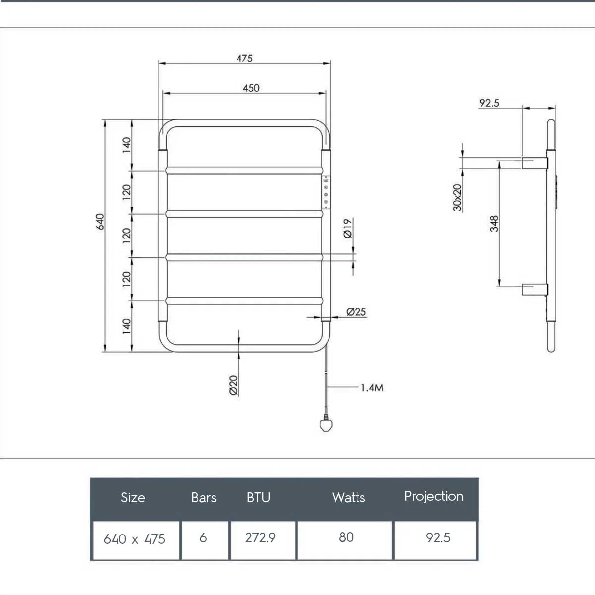 Brass electric towel rail - Technical drawing