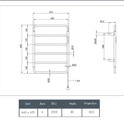 Brass electric towel rail - Technical drawing