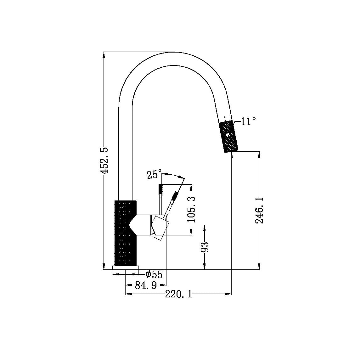 technical drawing - Brushed Gold Kitchen Tap with Hose