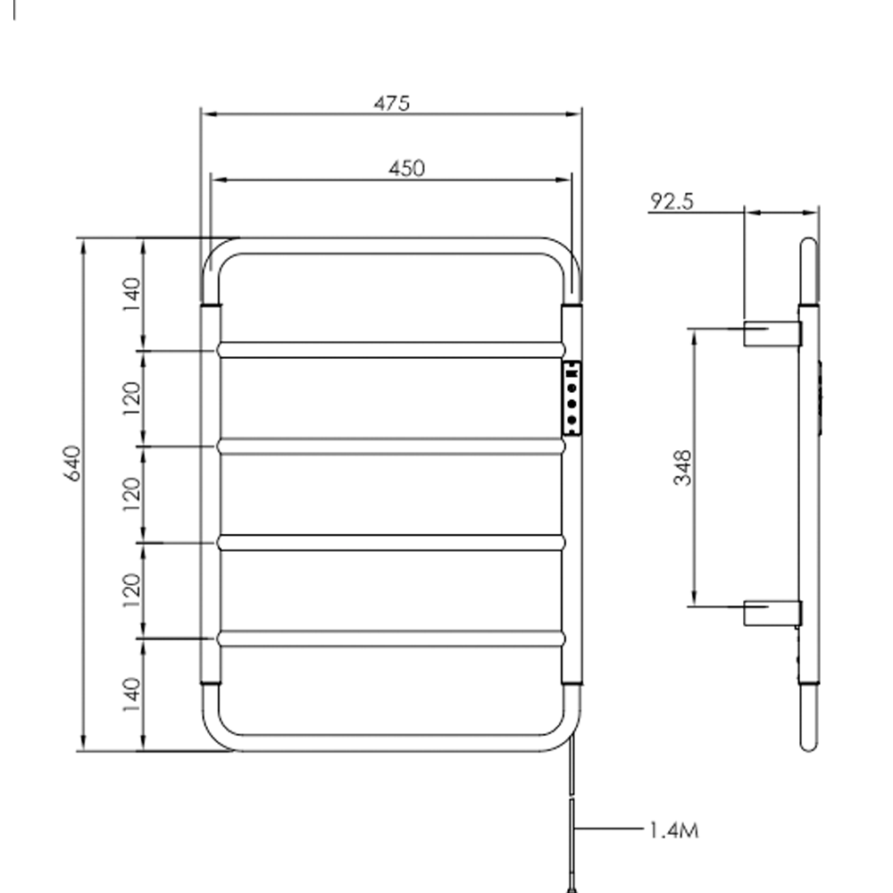 Electric heated towel radiator - Technical drawing
