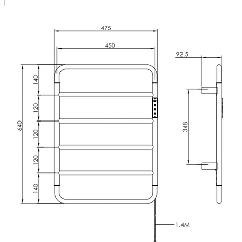 Electric heated towel radiator - Technical drawing