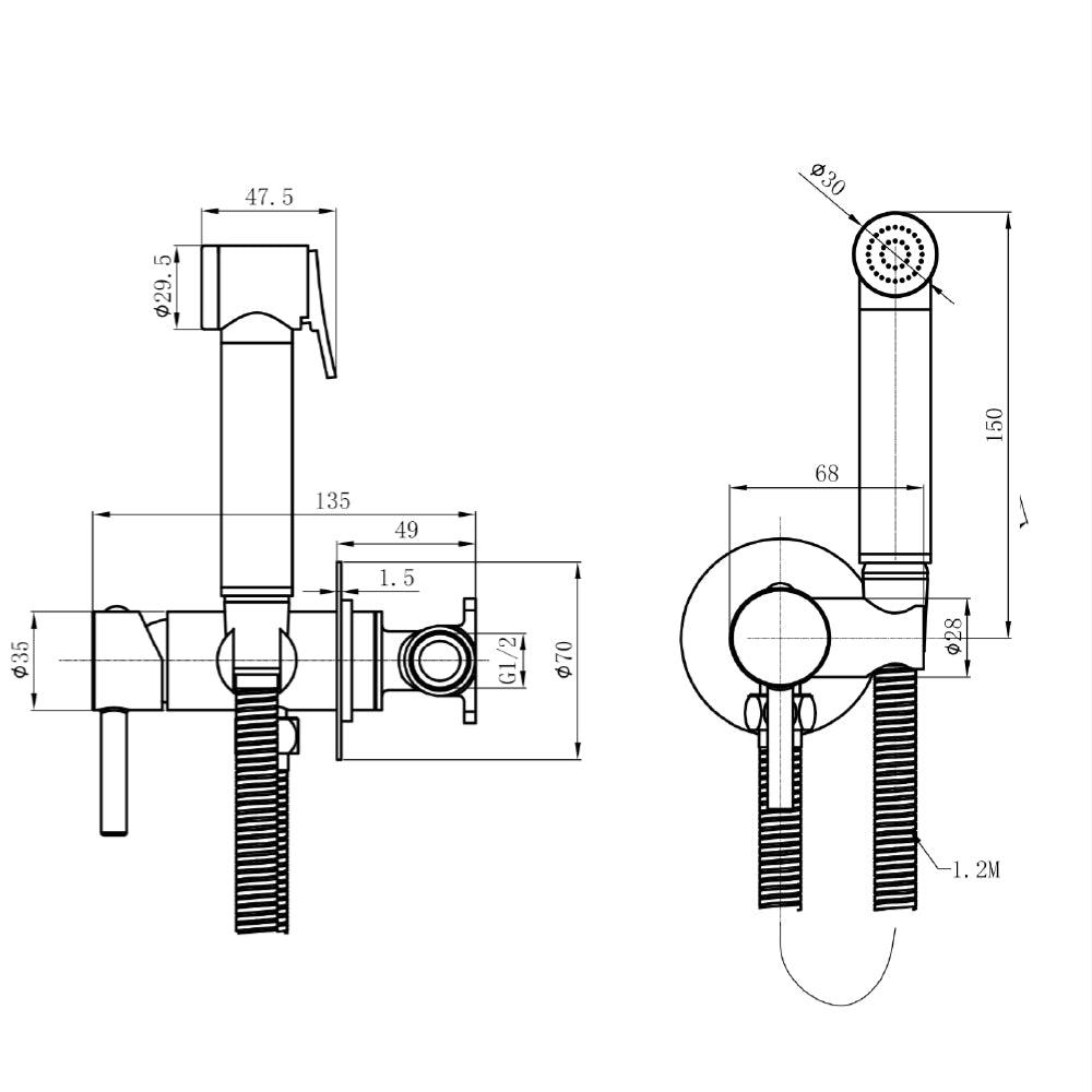 Hot and cold douche kit - Technical drawing