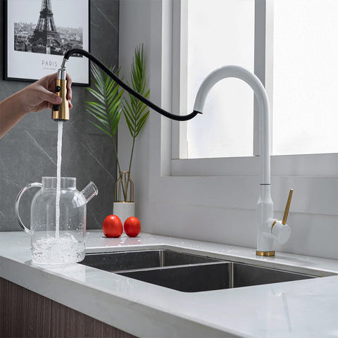 white kitchen taps with pull out spray