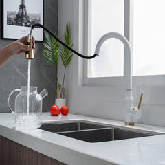 White kitchen mixer tap with flexible hose