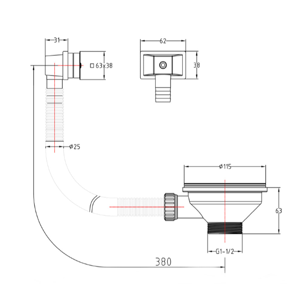 kitchen sink waste with square overflow brushed bronze