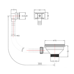 Copper Kitchen Sink Waste with Square Overflow, Cover and Basket Strainer