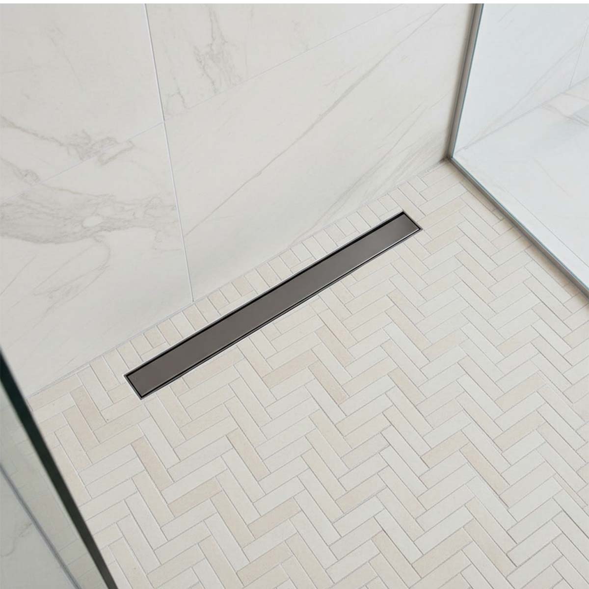 long linear shower drain brushed black