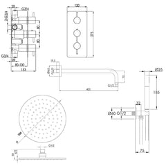 Matt black shower head kit -  Technical Drawing