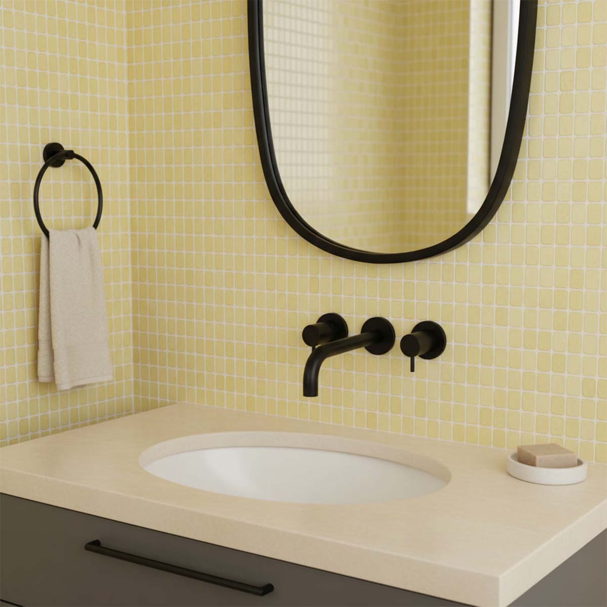 matt black bathroom sink tap with hot and cold operation levers