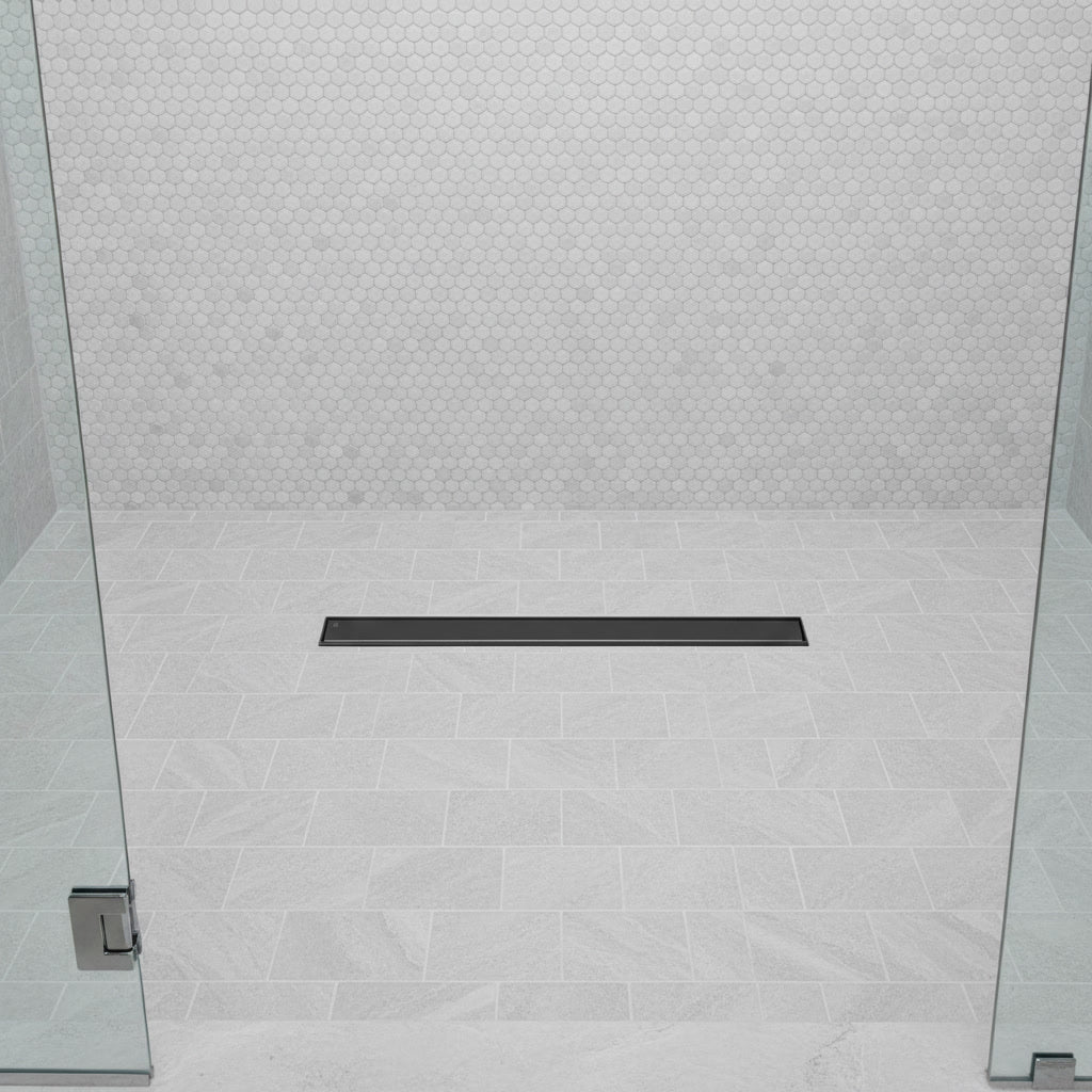 matt black linear shower drain system