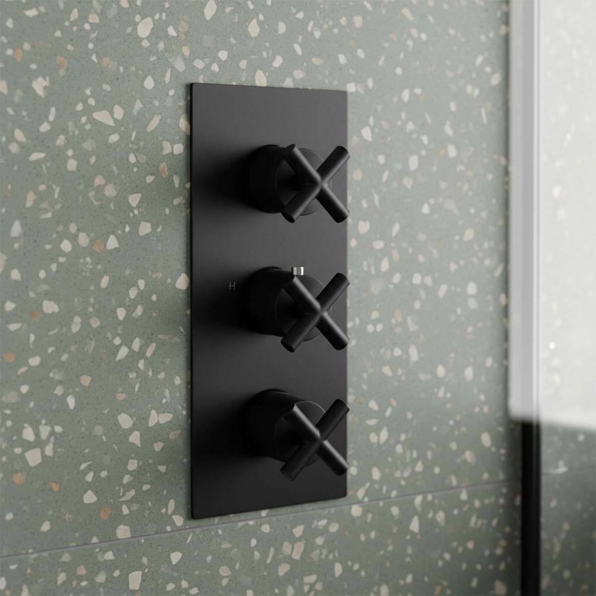 matt black three-lever wall-mounted shower control panel with cross-shaped handles - Ireland 