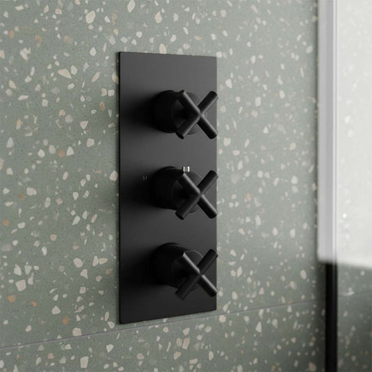 matt black three-lever wall-mounted shower control panel with cross-shaped handles - Ireland  1200
