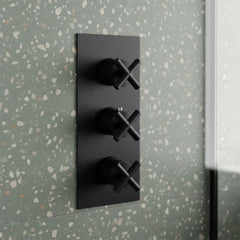 matt black three-lever wall-mounted shower control panel with cross-shaped handles - Ireland 