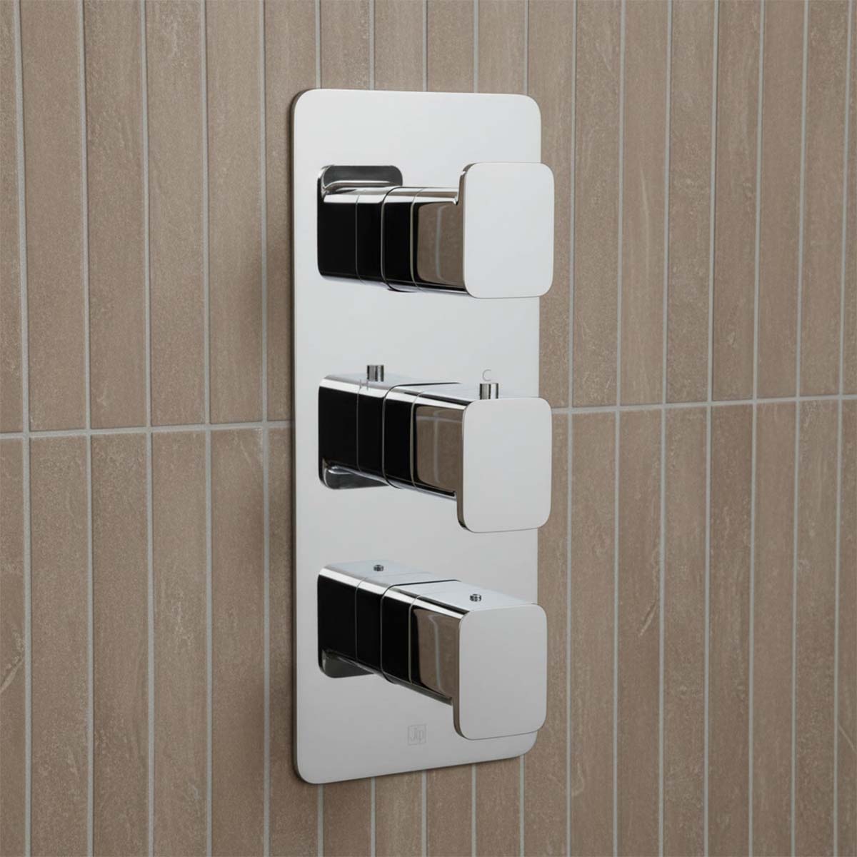 modern three-lever wall-mounted shower or bath control trim with a polished chrome finish