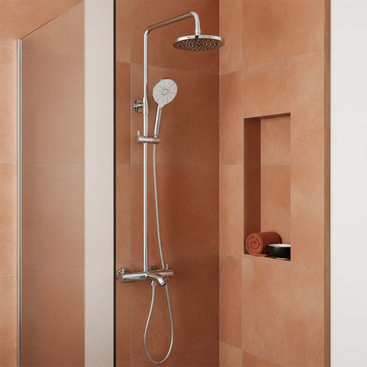 modern wall-mounted rain shower system with a round overhead shower head, handheld shower head on a flexible hose, and chrome controls 1200